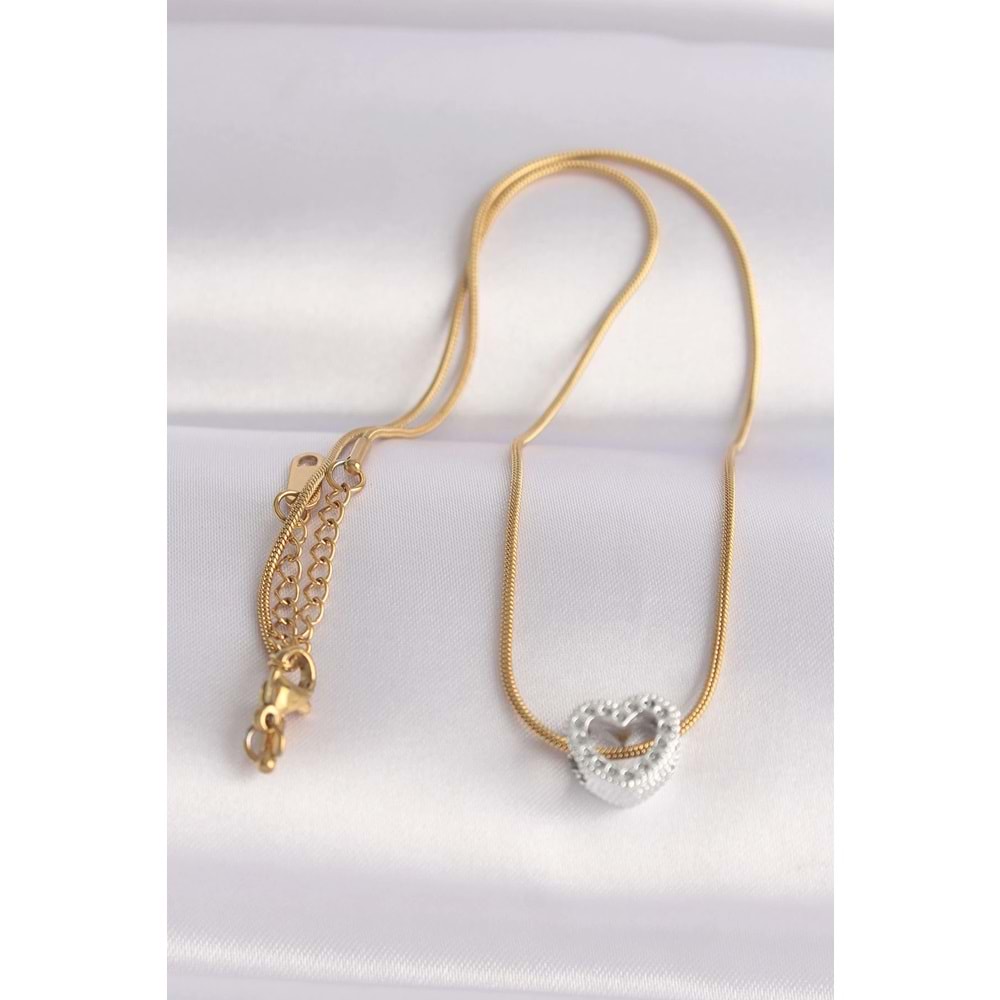 316L Çelik Zincir Altın Renk Zincirli Gümüş Renk Kalp Tasarımlı Kolye