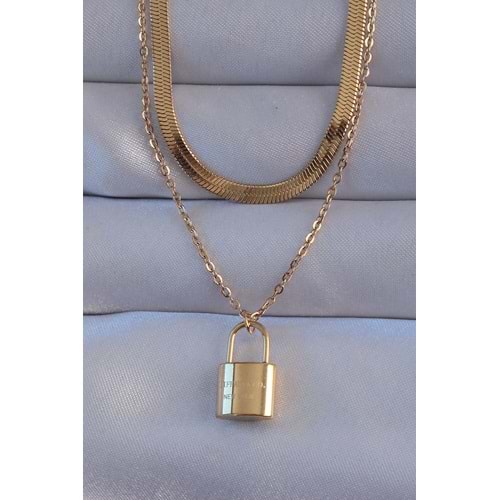 316L Çelik Gold Renk Çift Zincir Kilit Model Kolye