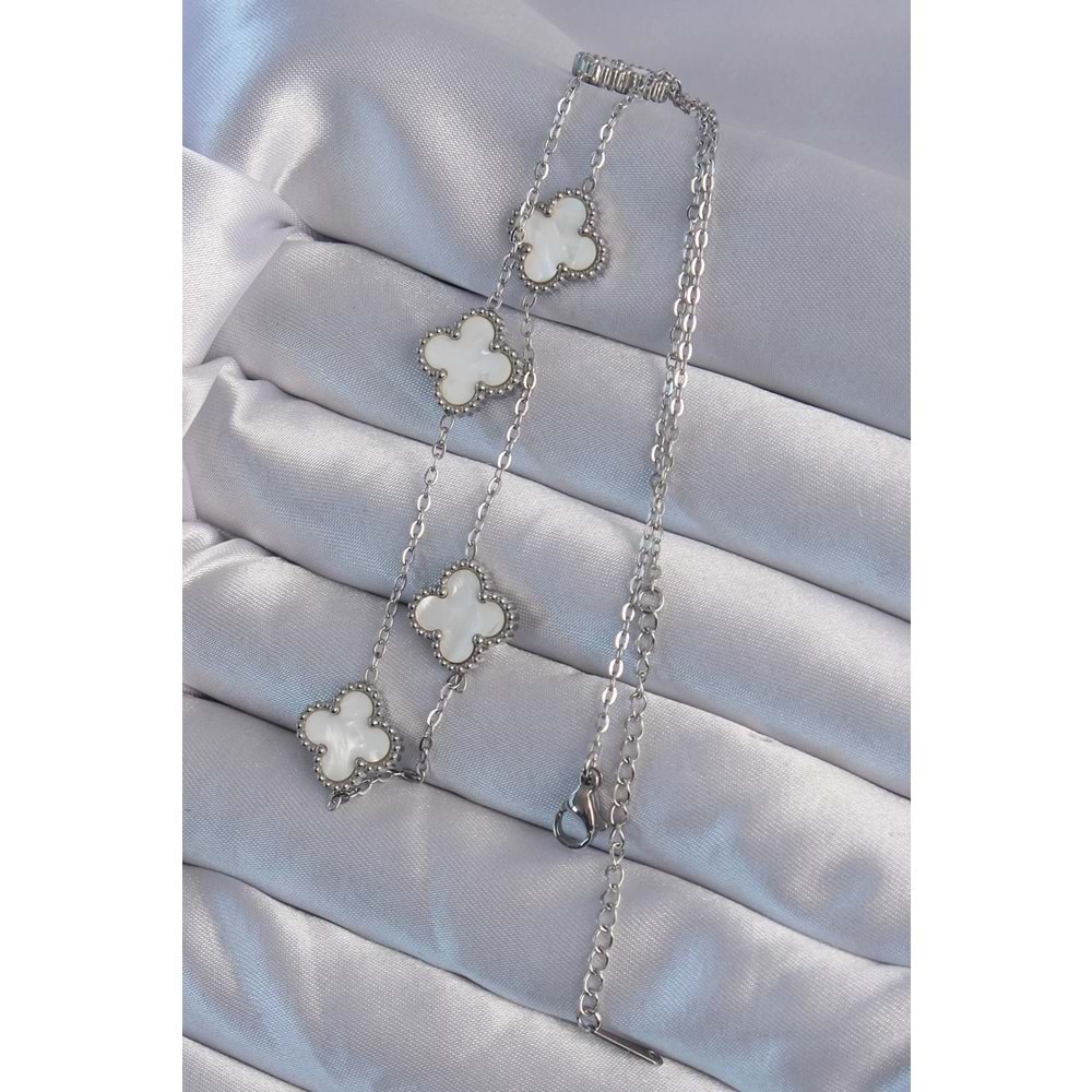 316L Çelik Gümüş Renk Beyaz Sedefli Yonca Kolye