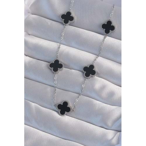 316L Çelik Gümüş Renk Siyah Mineli Yonca Kolye