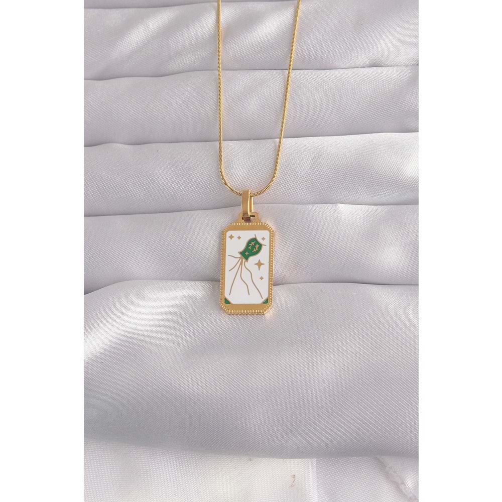 316L Çelik Gold Renk Beyaz Mineli Tarot Kolye