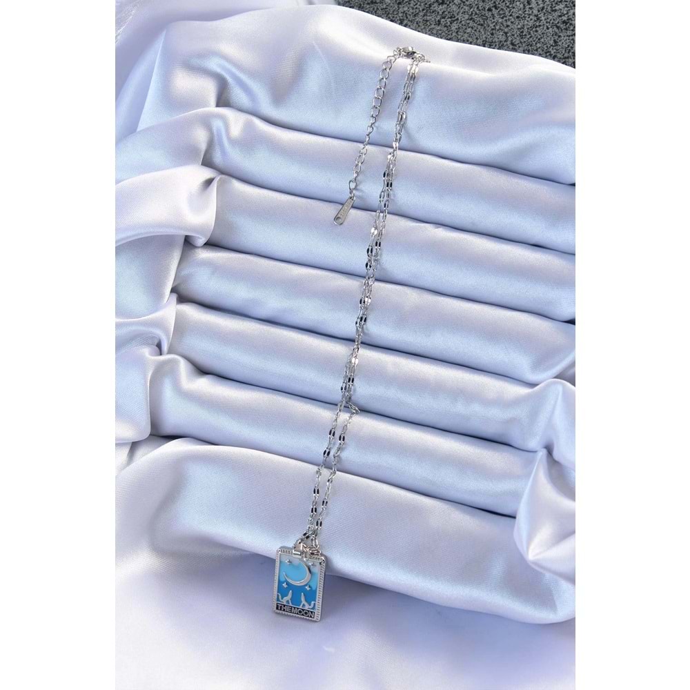 316L Çelik Zincir Gümüş Renk Mavi Mineli Ay Figür Tarot Kolye