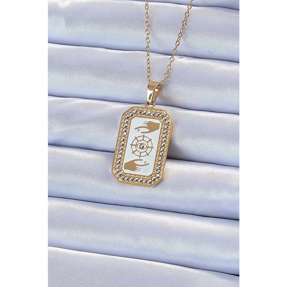 316L Çelik Zincir Altın Renk Mineli Zirkon Taşlı Göz Figür Tarot Kolye