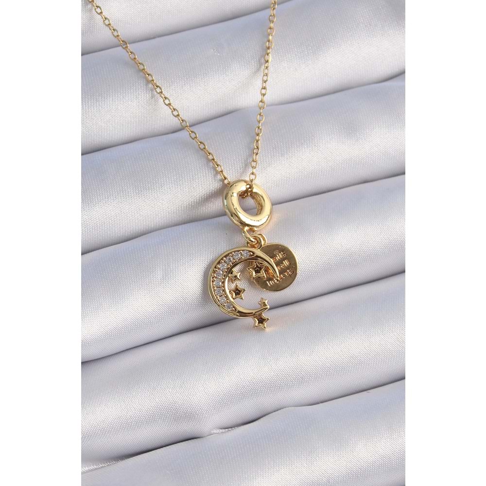 316L Çelik Gold Renk Zirkon Taşlı Ay Yıldız Model Charm Model Kadın Kolye