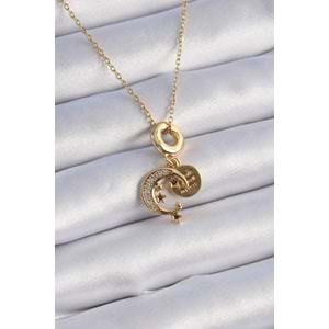 316L Çelik Gold Renk Zirkon Taşlı Ay Yıldız Model Charm Model Kadın Kolye
