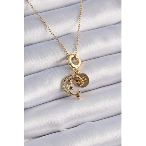 316L Çelik Gold Renk Zirkon Taşlı Ay Yıldız Model Charm Model Kadın Kolye