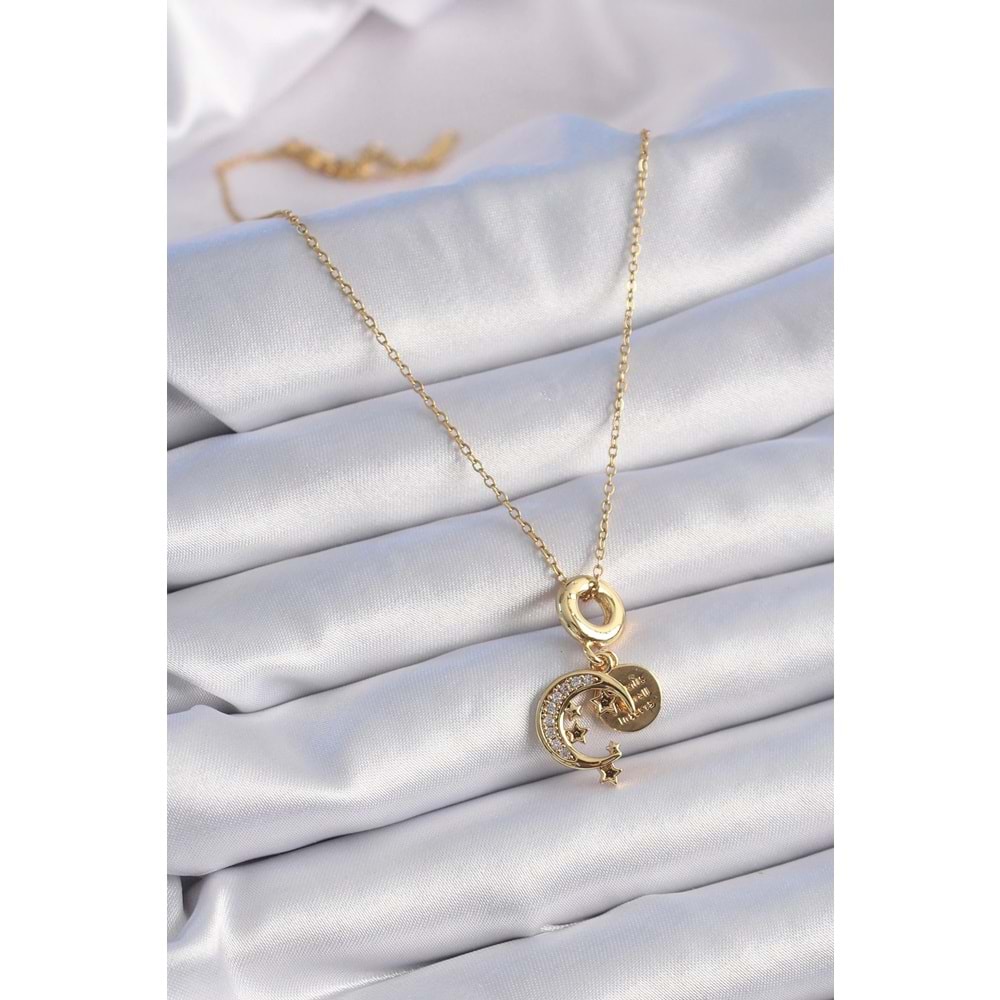 316L Çelik Gold Renk Zirkon Taşlı Ay Yıldız Model Charm Model Kadın Kolye