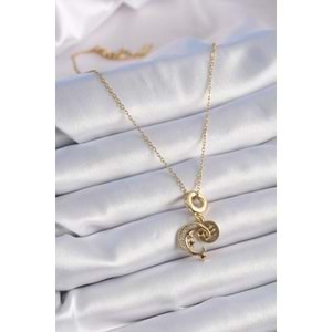 316L Çelik Gold Renk Zirkon Taşlı Ay Yıldız Model Charm Model Kadın Kolye