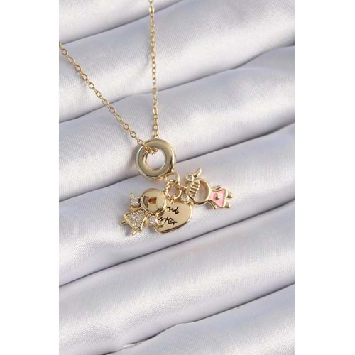 316L Çelik Gold Renk Zirkon Taş Detay Çocuk Figür Charm Model Kadın Kolye