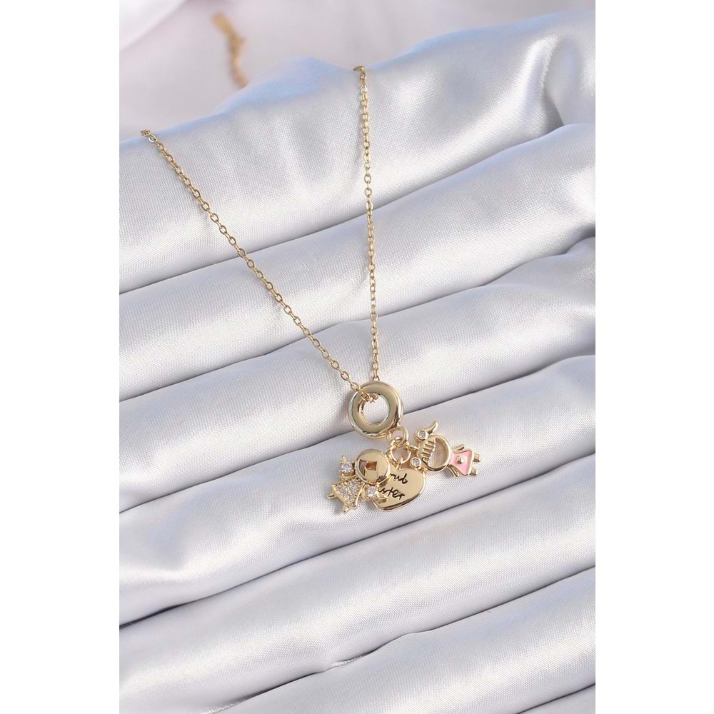 316L Çelik Gold Renk Zirkon Taş Detay Çocuk Figür Charm Model Kadın Kolye