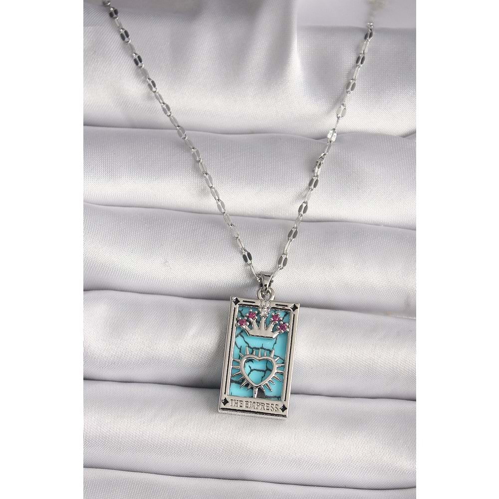 316L Çelik Gümüş Renk Pembe Zirkon Taşlı Taç Kalp Portre Model Kadın Kole