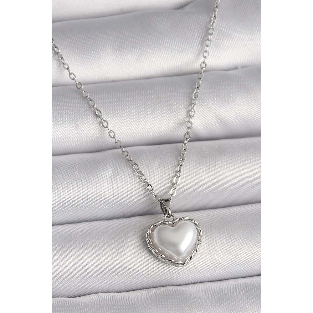 316L Çelik Gümüş Renk Zincir 3D İnci Kalp Model Kadın Kolye