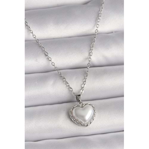 316L Çelik Gümüş Renk Zincir 3D İnci Kalp Model Kadın Kolye