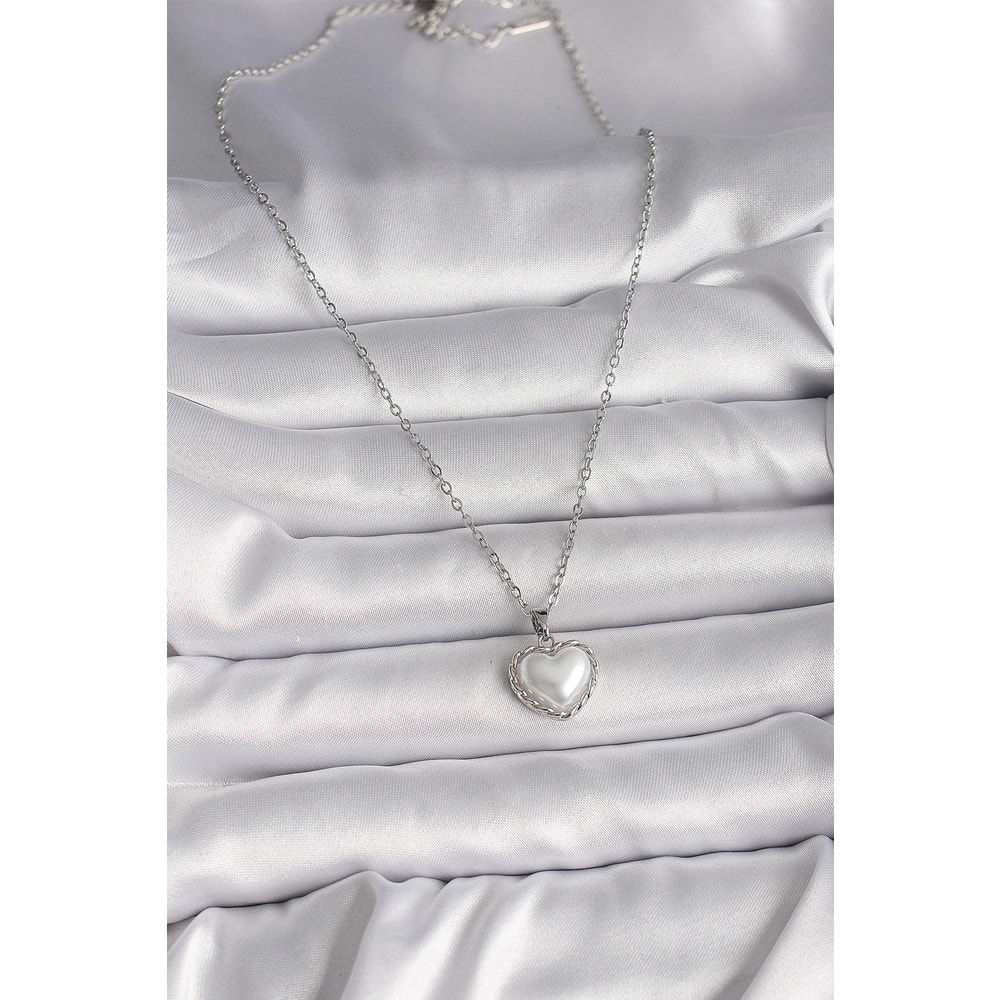 316L Çelik Gümüş Renk Zincir 3D İnci Kalp Model Kadın Kolye
