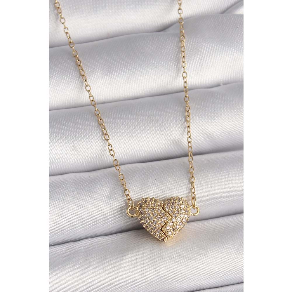316L Çelik Gold Renk Zincir Zirkon Taşlı Mıknatıslı Kalp Model Kadın Kolye