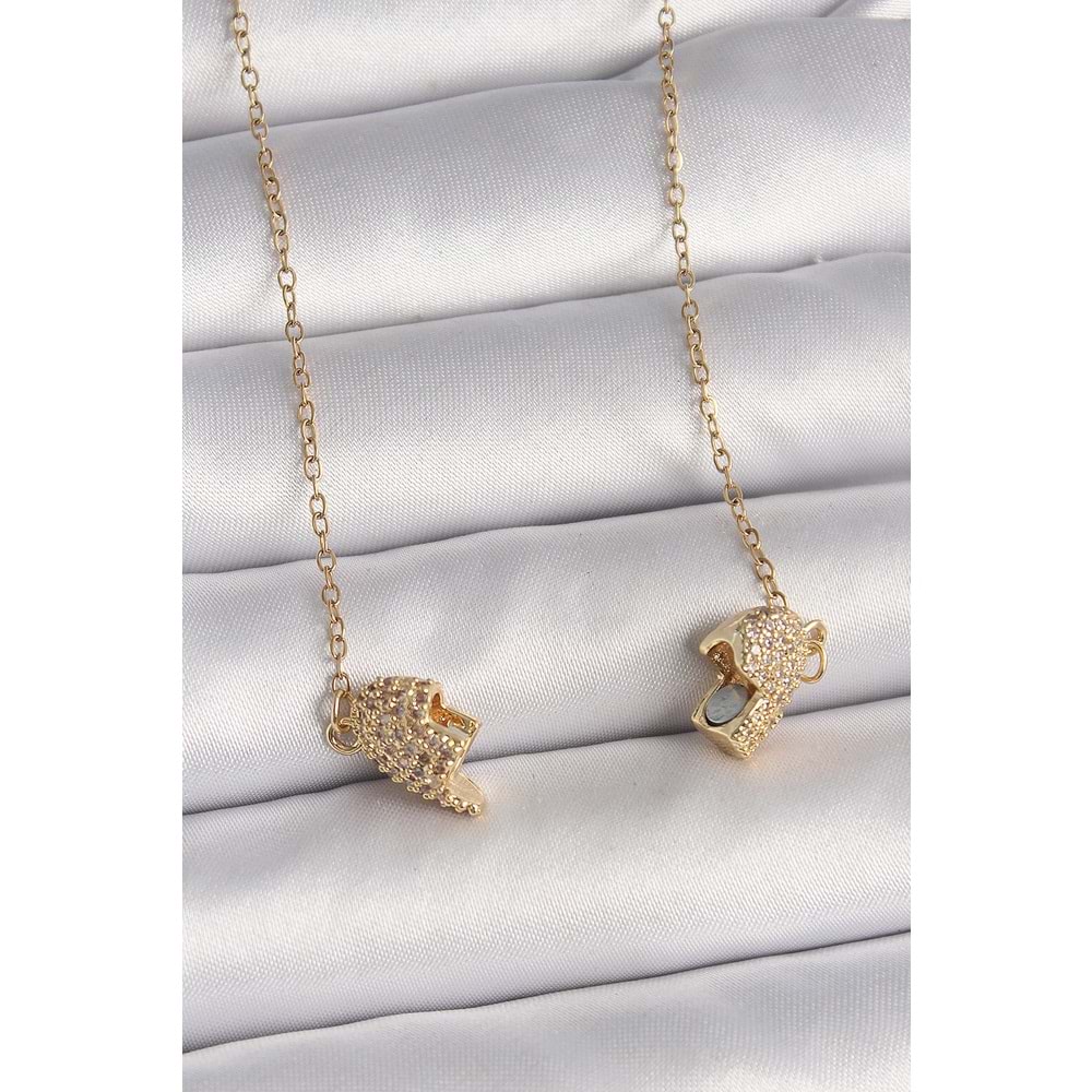 316L Çelik Gold Renk Zincir Zirkon Taşlı Mıknatıslı Kalp Model Kadın Kolye