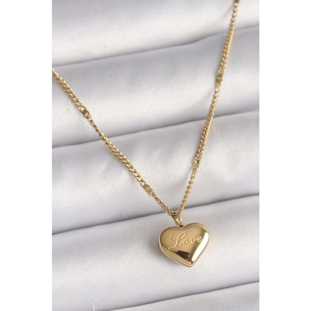 316L Çelik Gold Renk Zincir Love İşlemeli Kalp Figür Kadın Kolye