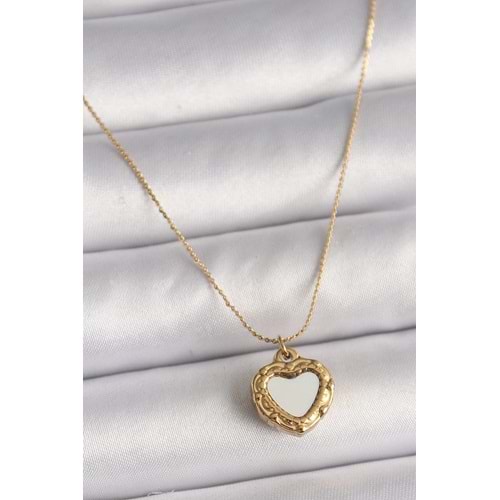 316L Çelik Gold Renk Zincir Sedefli Kalp Model Kadın Kolye