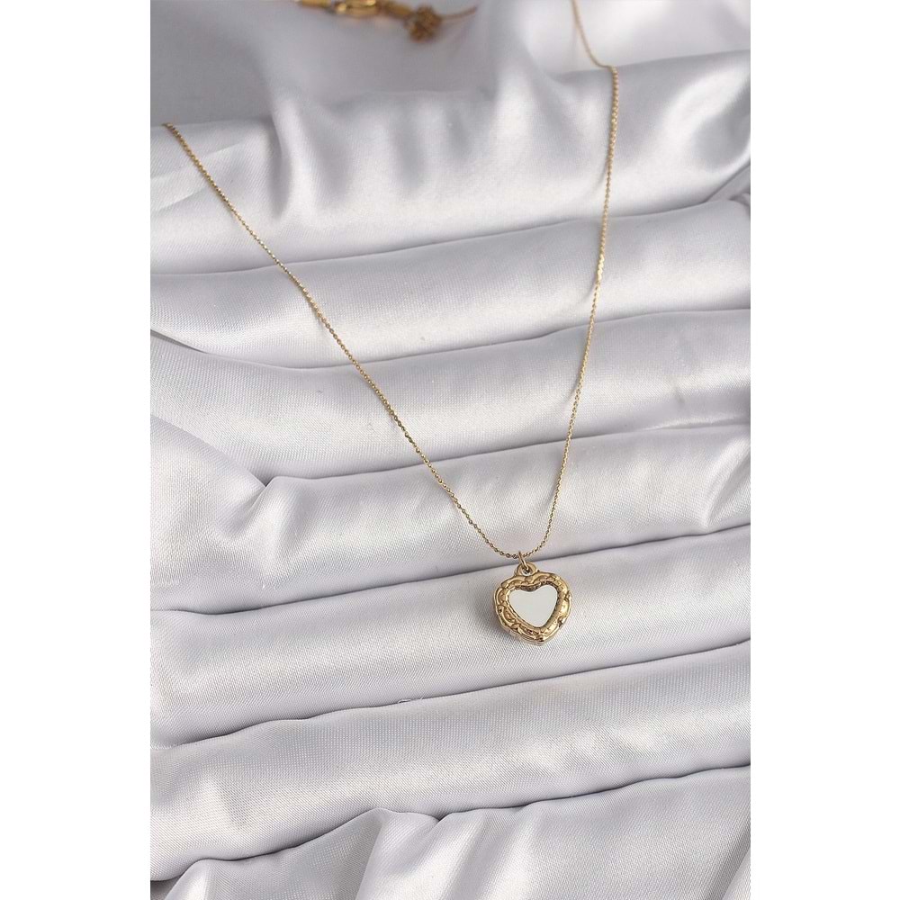 316L Çelik Gold Renk Zincir Sedefli Kalp Model Kadın Kolye