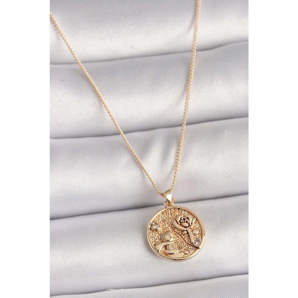 Pirinç Gold Renk Zirkon Taş Detaylı Gül İşleme Madalyon Model Kadın Kolye