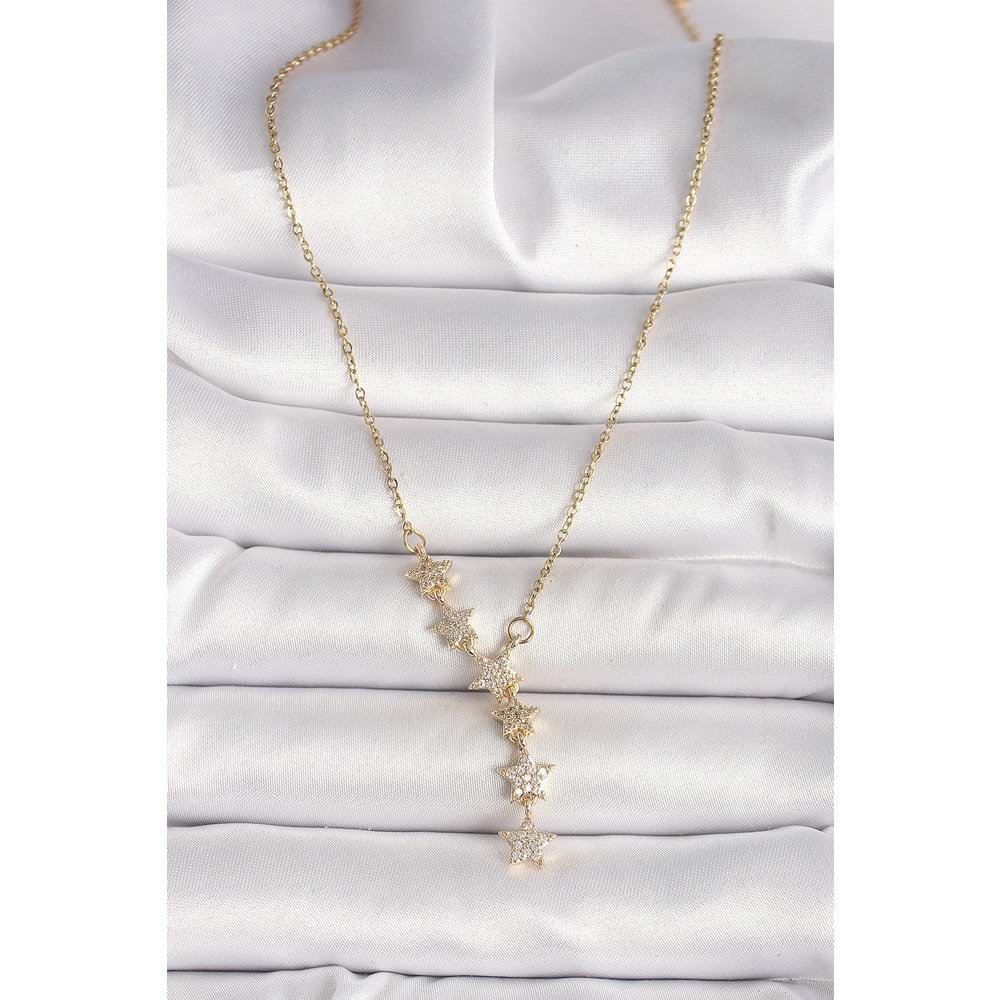 316L Çelik Gold Renk Zincir Zirkon Taşlı Yıldız Model Kadın Kolye