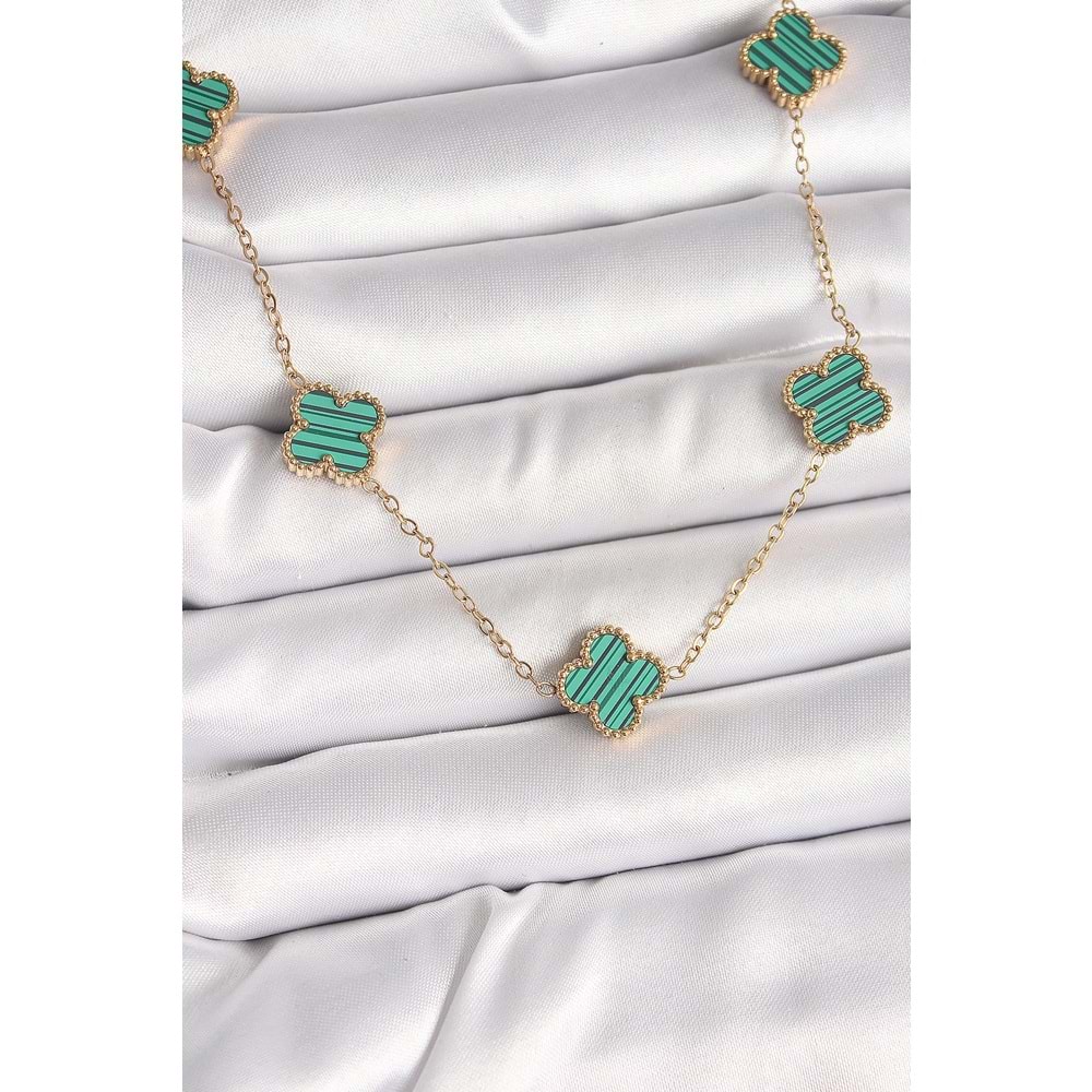 316L Çelik Gold Renk Zincir Yeşil Yonca Model Kadın Kolye