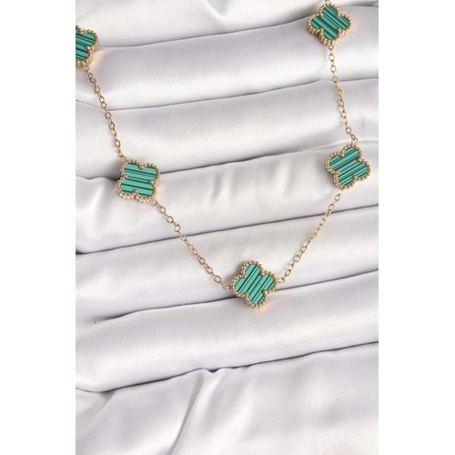 316L Çelik Gold Renk Zincir Yeşil Yonca Model Kadın Kolye