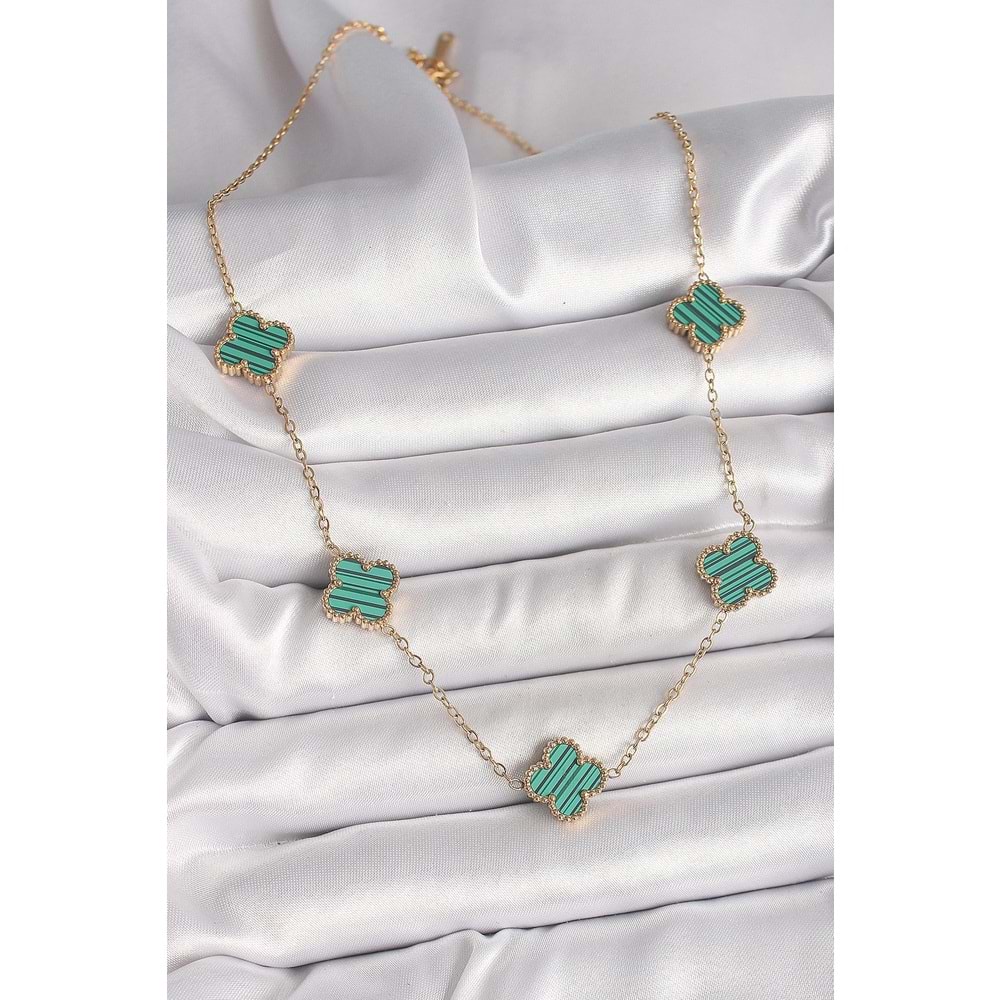 316L Çelik Gold Renk Zincir Yeşil Yonca Model Kadın Kolye