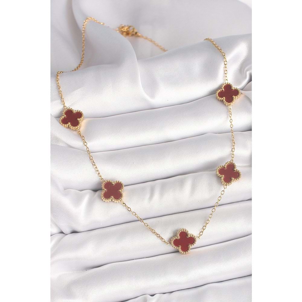 316L Çelik Gold Renk Zincir Bordo Yonca Model Kadın Kolye