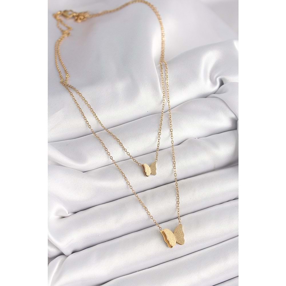 316L Çelik Gold Renk 2'Li Simli Kelebek Model Kadın Kolye