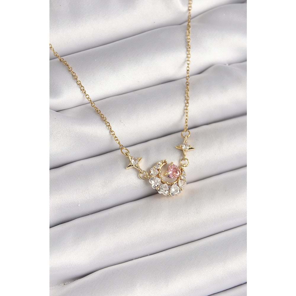 316L Çelik Gold Renk Zirkon Taşlı Hilal Pembe Kalp Model Kadın Kolye