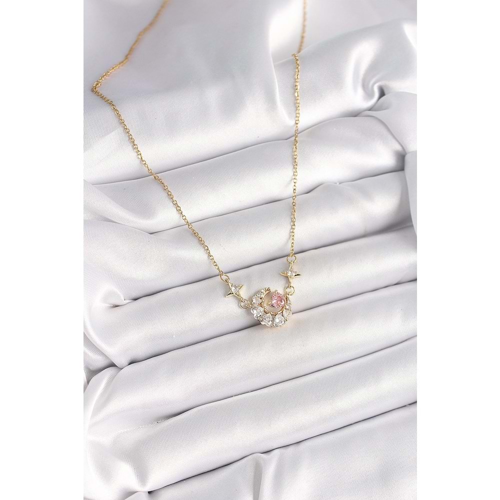 316L Çelik Gold Renk Zirkon Taşlı Hilal Pembe Kalp Model Kadın Kolye