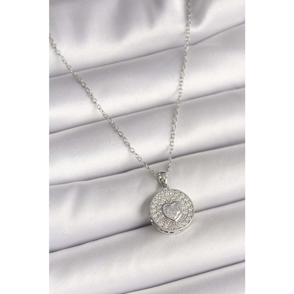 316L Çelik Gümüş Renk Zincir Zirkon Taşlı Kalp İşlemeli Madalyon Model Kadın Kolye