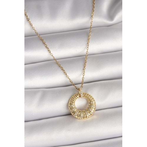 316L Çelik Gold Renk Zincir Zirkon Taş İşlemeli Daire Model Kadın Kolye