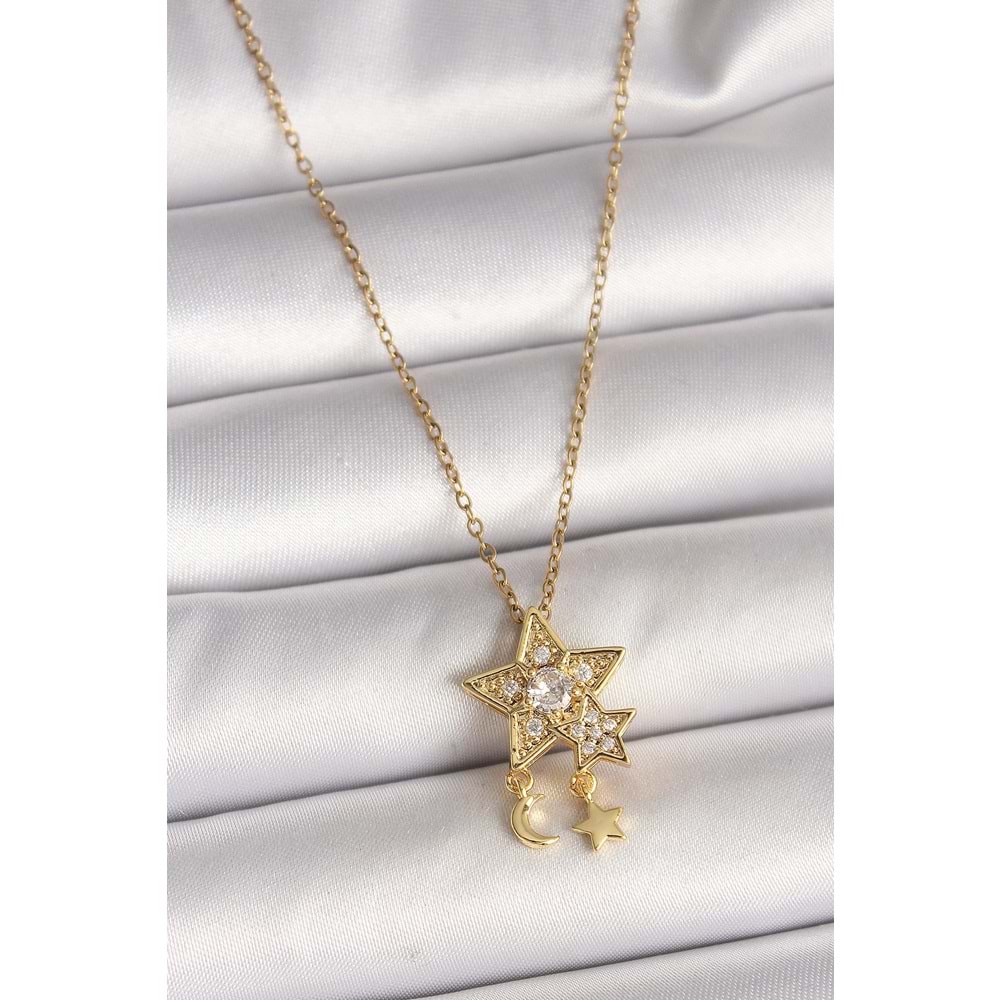 316L Çelik Gold Renk Zincir Zirkon Taşlı Yıldız Model Sallanı Ay Yıldız Detay Kadın Kolye