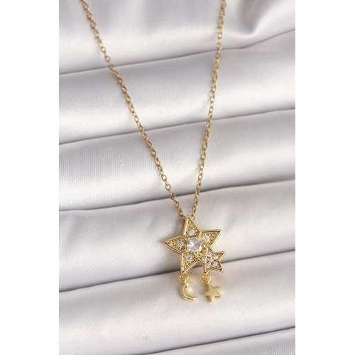 316L Çelik Gold Renk Zincir Zirkon Taşlı Yıldız Model Sallanı Ay Yıldız Detay Kadın Kolye