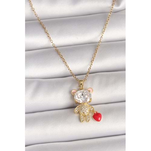 316L Çelik Gold Renk Zincir Zirkon Taşlı Ayıcık Model Kırmızı Kalp Detay Kadın Kolye