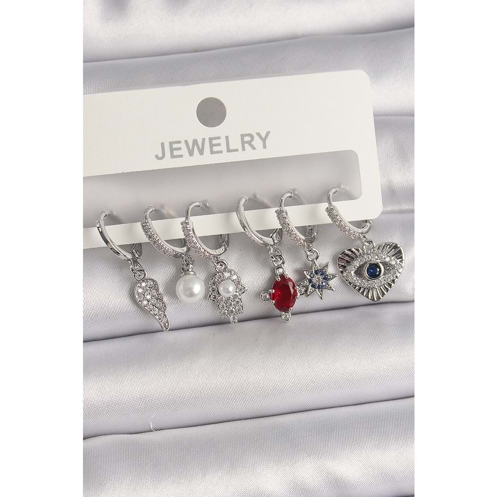 Pirinç Gümüş Renk Sallantı Zirkon Taşlı Fatma Ana El Figür Kadın Küpe Seti