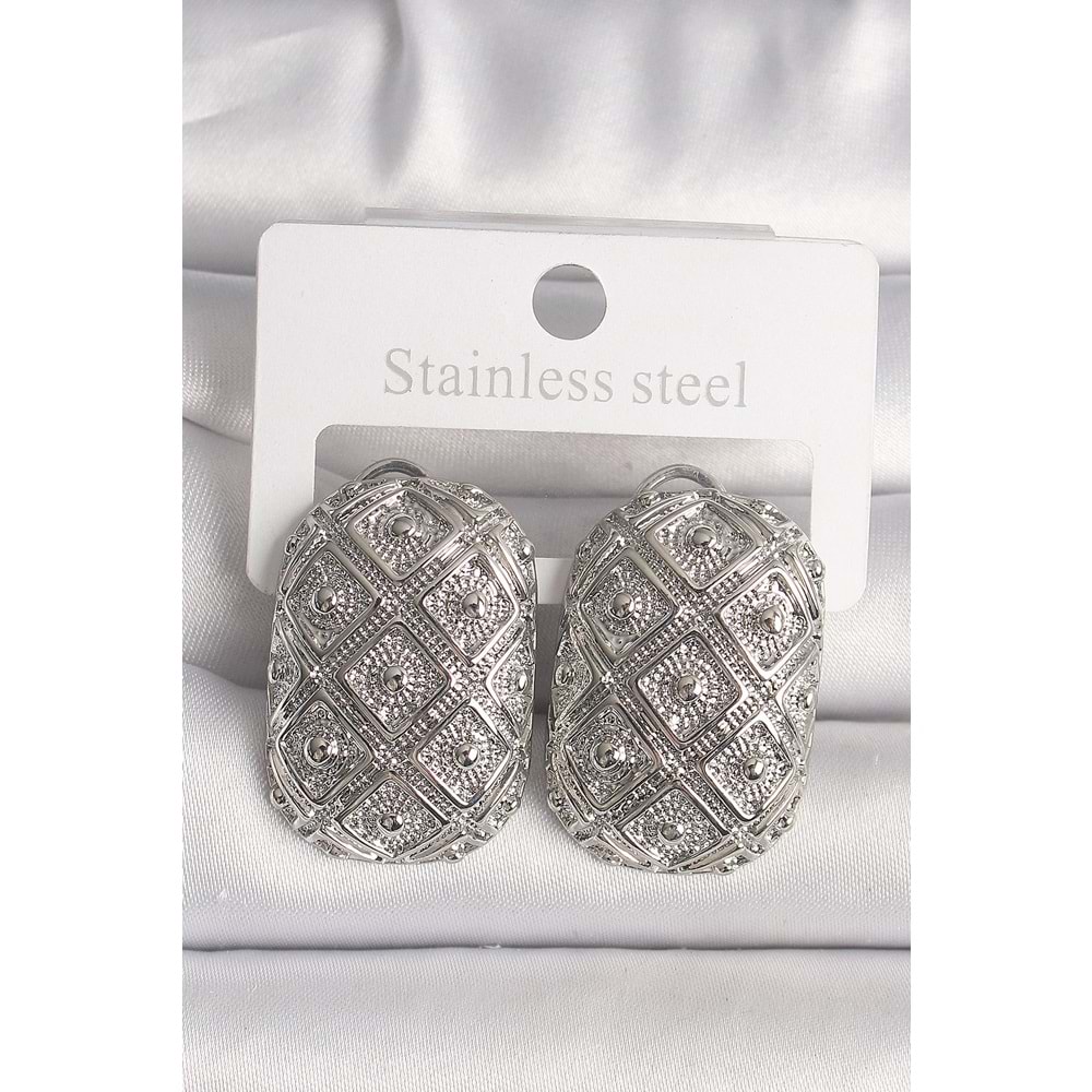 Pirinç Gümüş Renk Motif İşlemeli Kadın Küpe