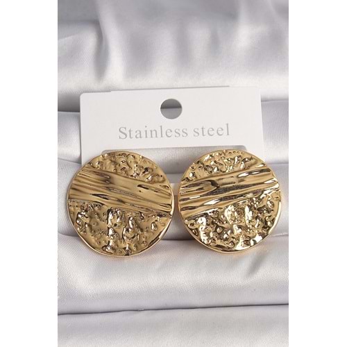Pirinç Gold Renk İşlemeli Daire Plaka Model Kadın Küpe
