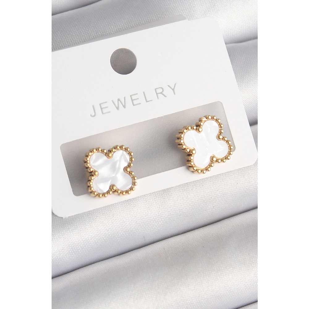 316L Çelik Gold Renk Beyaz Minelik Yonca Model Kadın Küpe