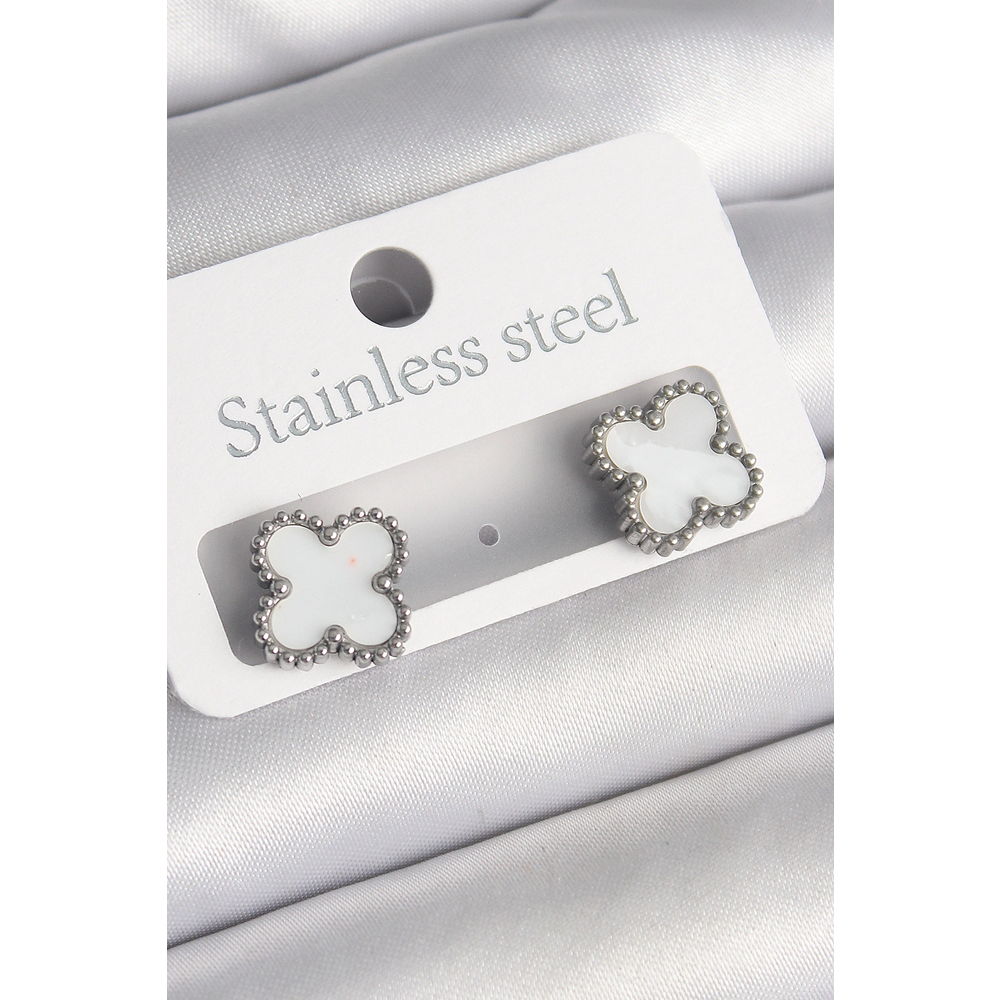 316L Çelik Gümüş Renk Beyaz Yonca Model Kadın Küpe