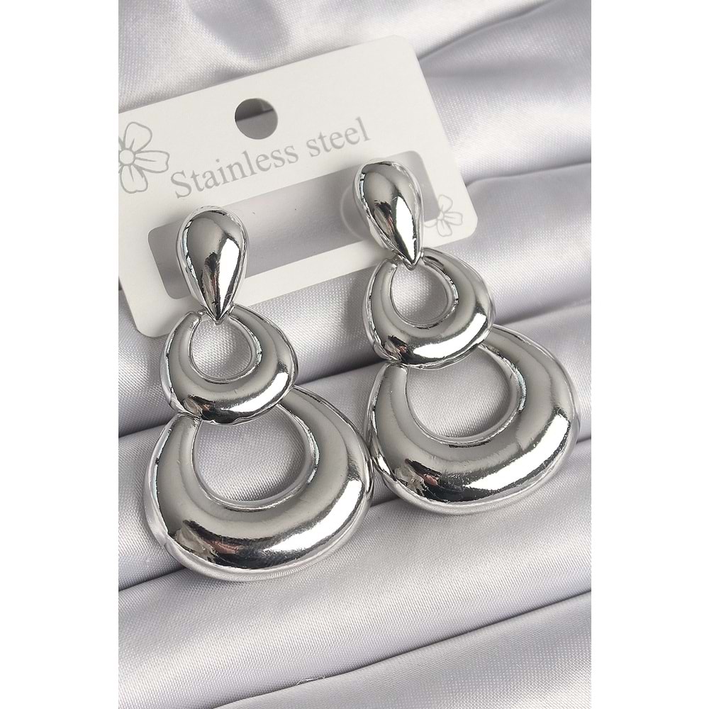 Pirinç Gümüş Renk Damla Detay Sallantı Halka Model Kadın Küpe