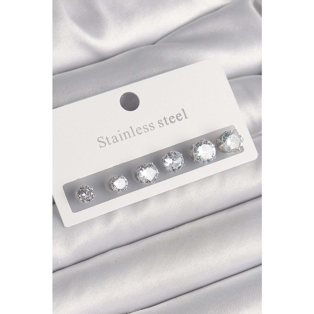 316L Çelik Gümüş Renk Zirkon Taşlı Kadın Küpe Seti