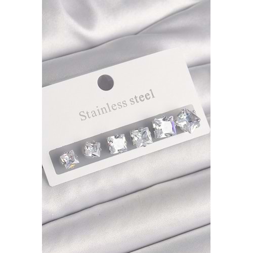 316L Çelik Gümüş Renk Kare Zirkon Taşlı Kadın Küpe Seti