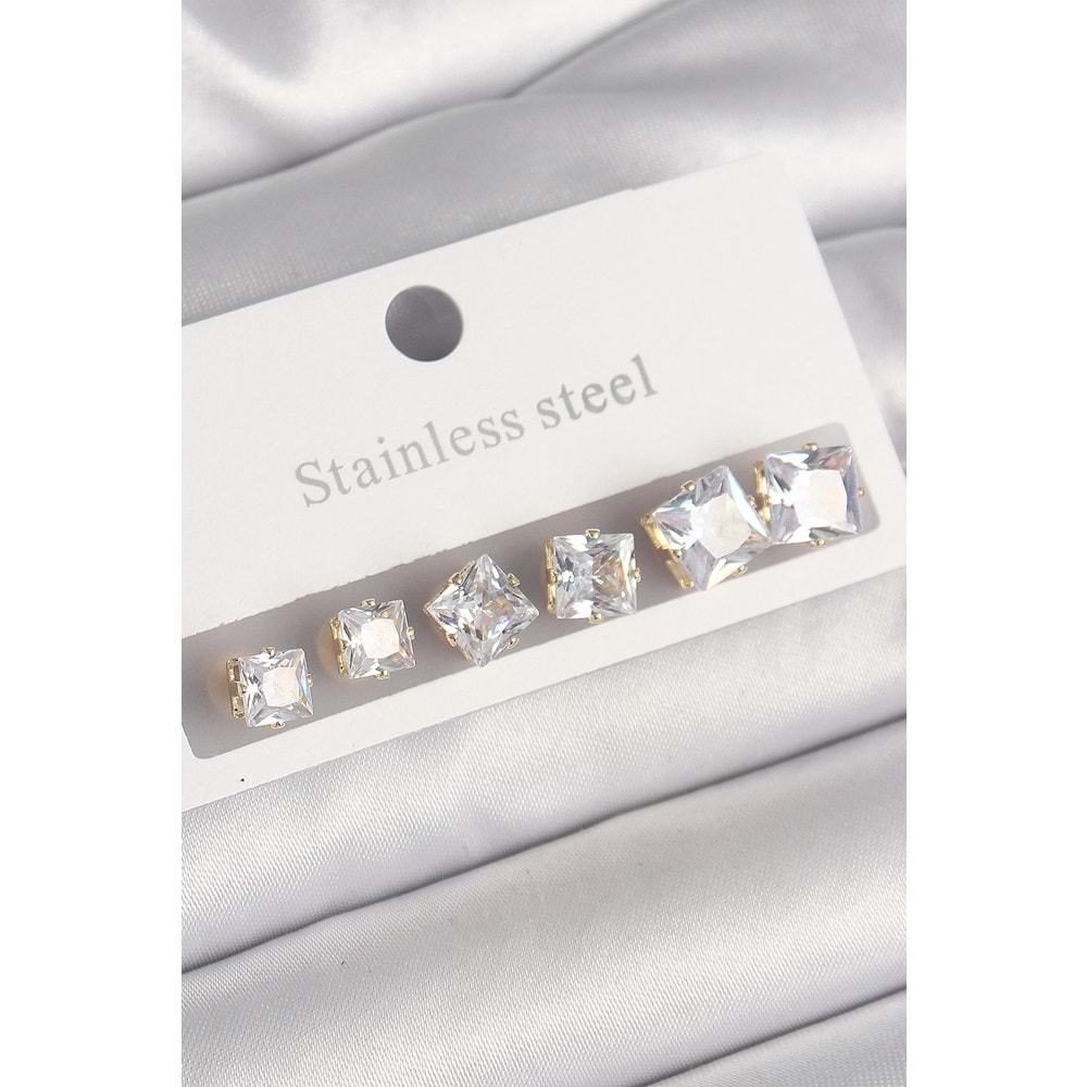 316L Çelik Gold Renk Kare Zirkon Taş Model Kadın Küpe Seti