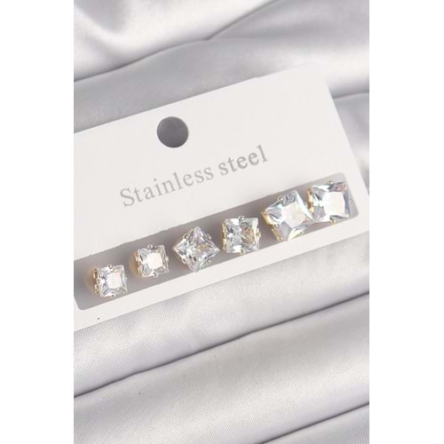 316L Çelik Gold Renk Kare Zirkon Taş Model Kadın Küpe Seti