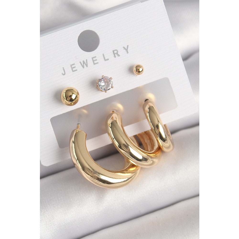 Pirinç Gold Renk Halka Model Zirkon Taşlı Topçuk Detay Kadın Küpe
