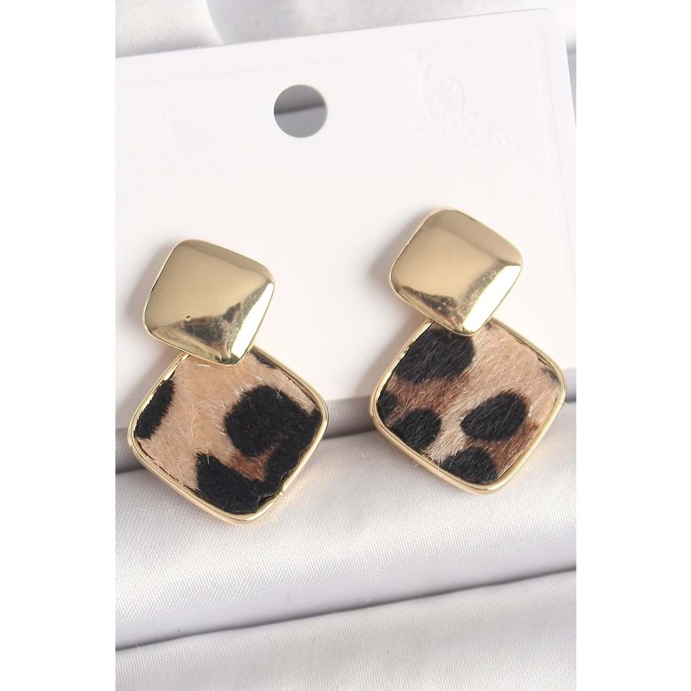 Pirinç Gold Renk Sallant Kare Leopar Desen Model Kadın Küpe