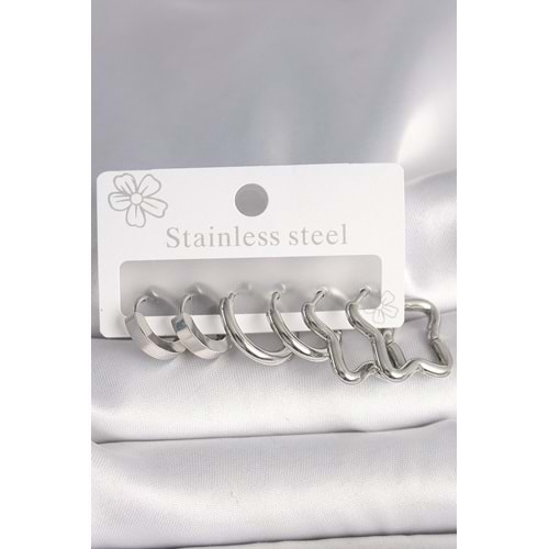 316L Çelik Gümüş Renk Yarım Halka Yıldız Model Kadın Küpe Seti